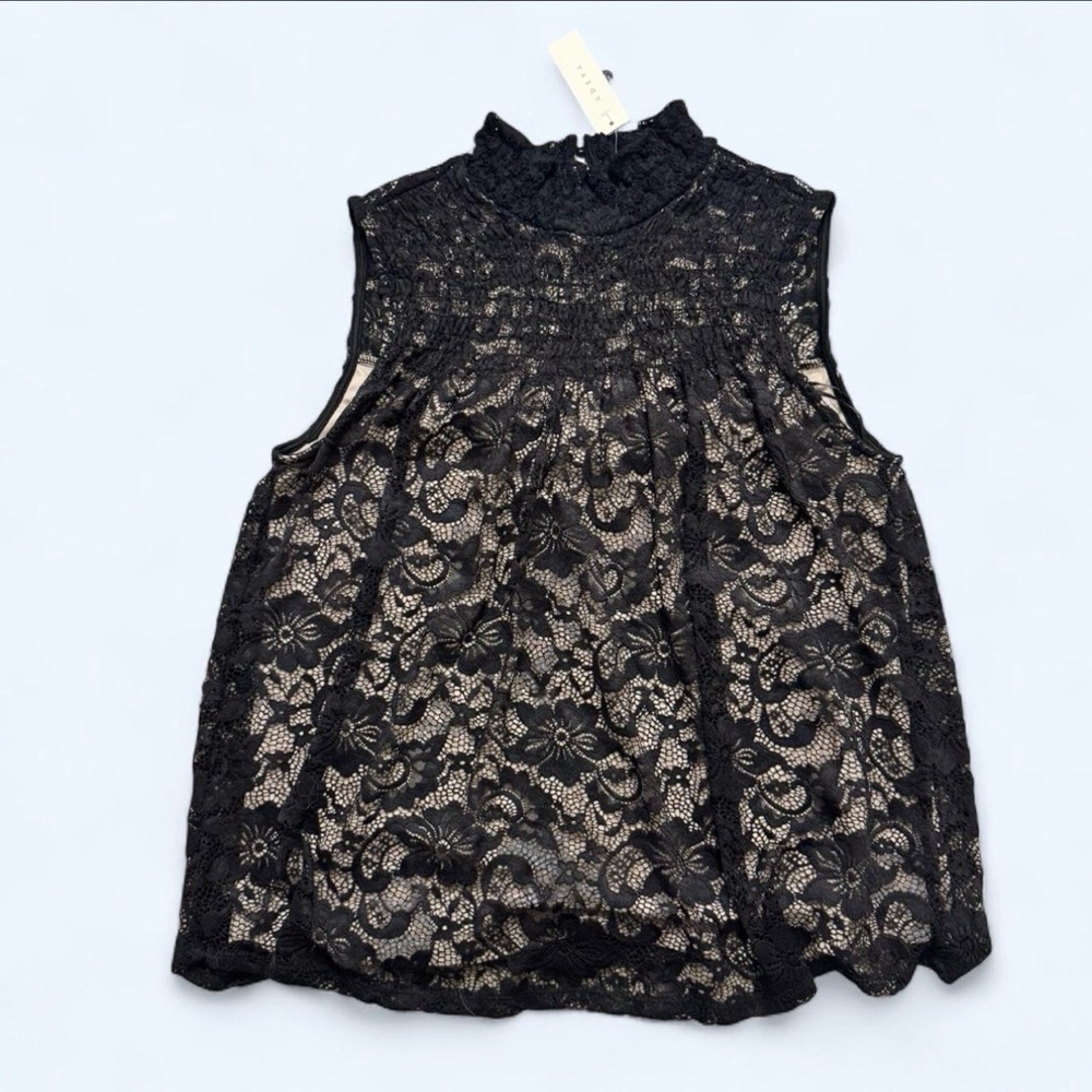 Adiva Black Lace Sleeveless Top with Mock Collar